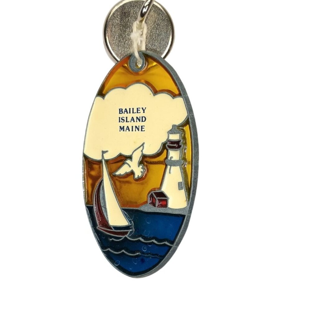 Bailey Island Maine Lighthouse Stained Glass Look Keychain Oval Design